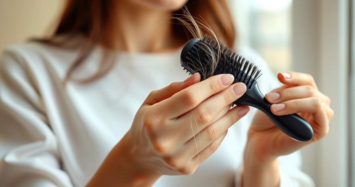 Mulher segurando escova com fios soltos, queda de cabelo associada ao uso de caneta emagrecedora